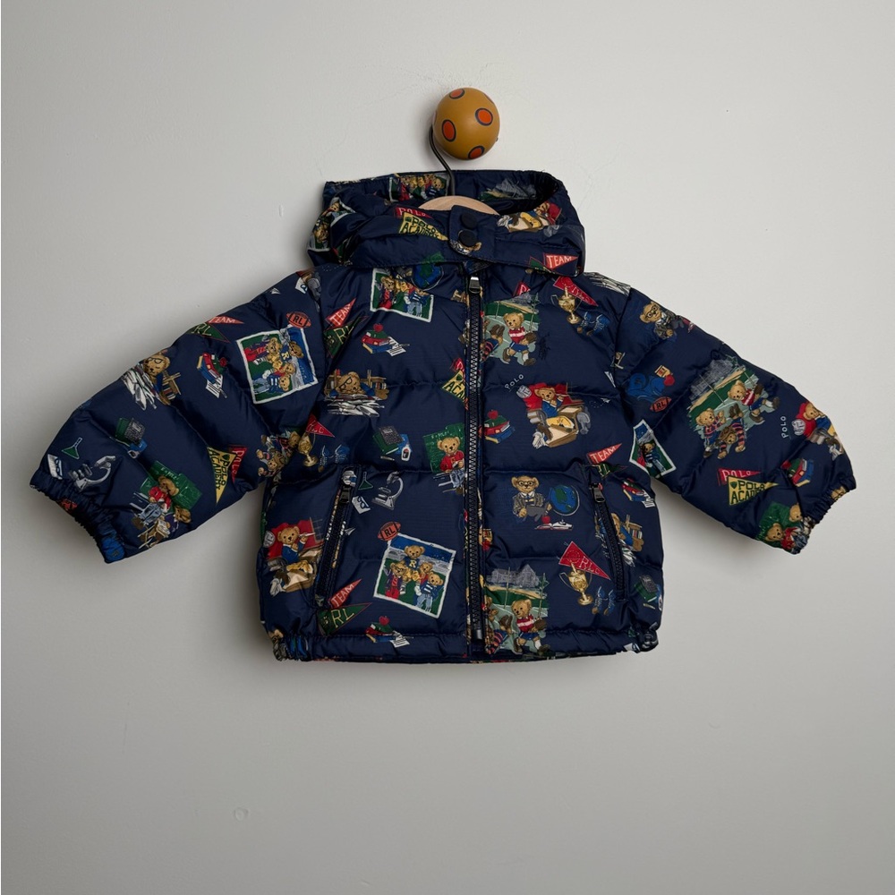 Polo Ralph Lauren Baby Puffer Jacket Polo Bear Print Hooded Navy Size 9M NWT